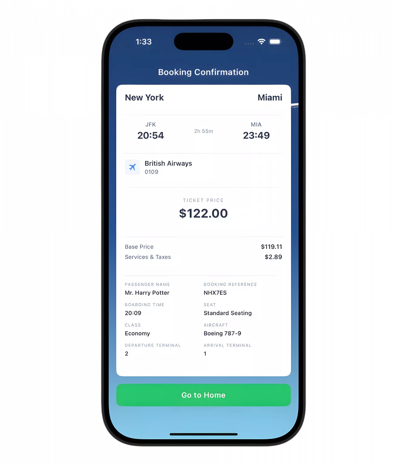 Booking confirmed screen showing successful flight reservation using ZippyGo’s AI voice-powered flight booking app.
