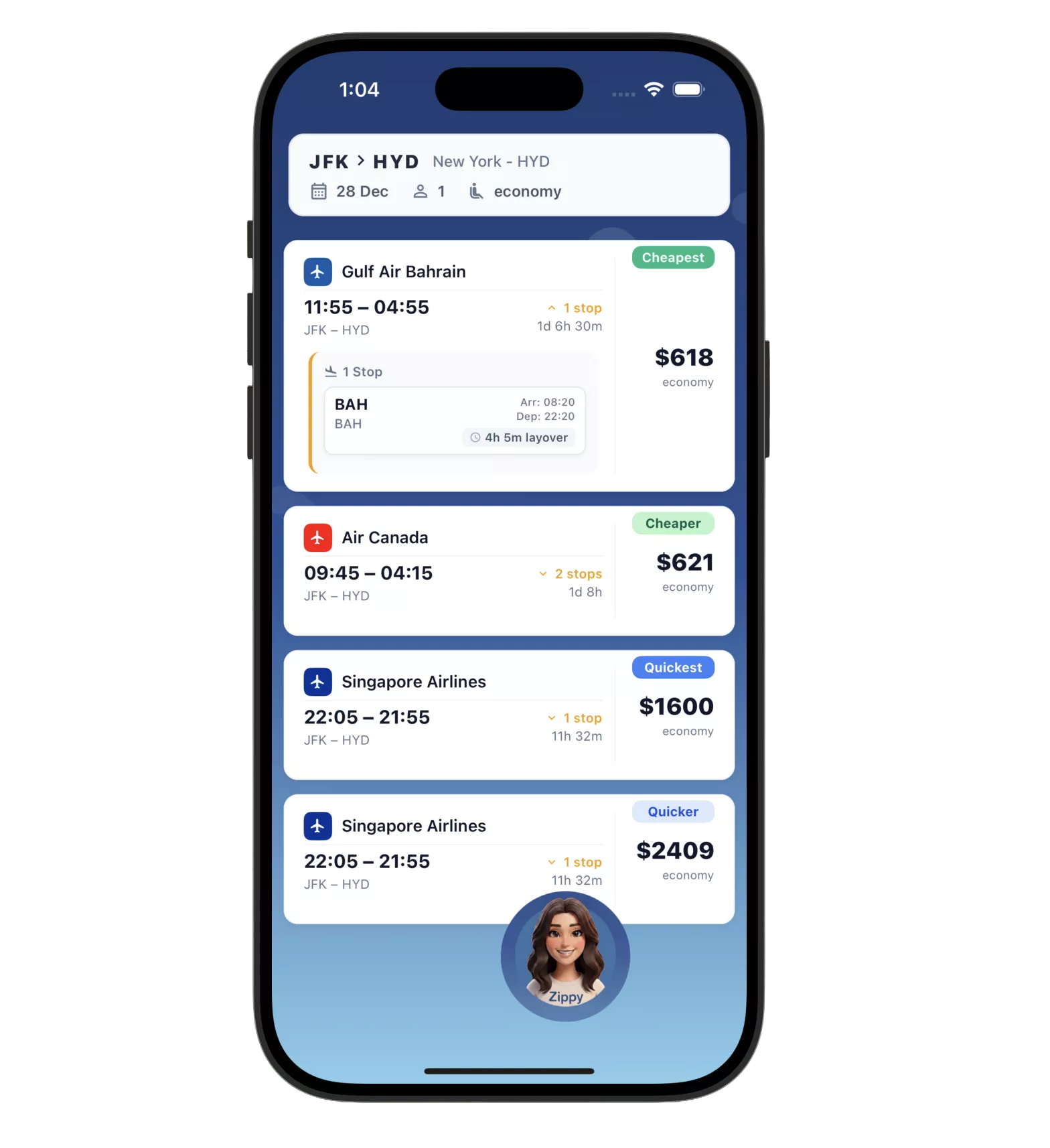 Flight options screen displaying multiple airline choices, prices, and timings within the ZippyGo AI voice-powered flight booking app.