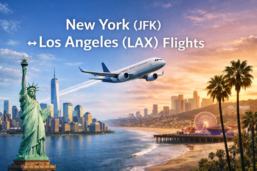 New York JFK to Los Angeles LAX flight illustration showing airplane flying between NYC skyline and Los Angeles beach