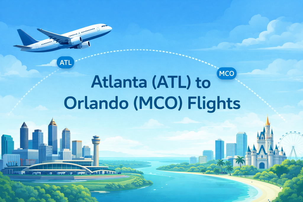 Atlanta to Orlando flight route illustration showing airplane path from ATL to MCO with city skylines