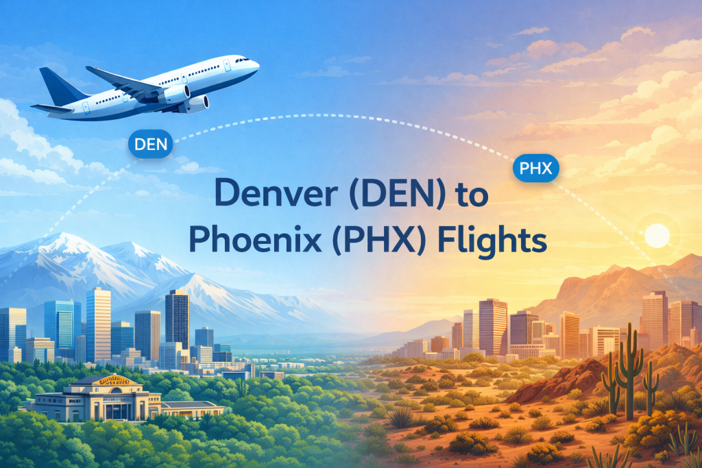 Denver to Phoenix flight route illustration showing airplane path from DEN to PHX with city skylines