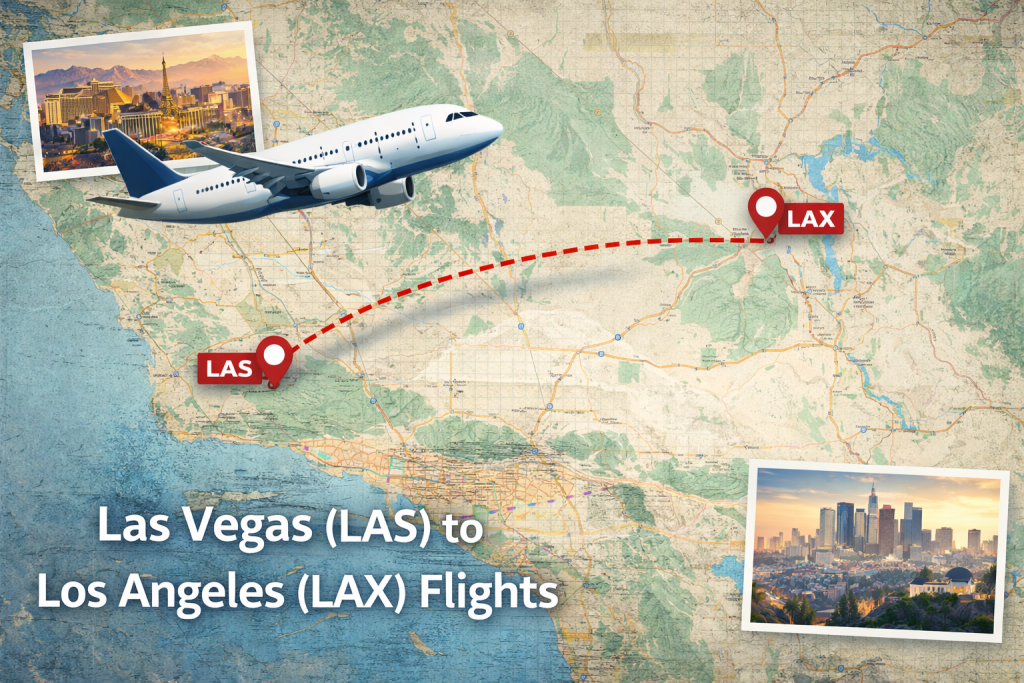 Las Vegas to Los Angeles flight route map showing airplane path from LAS to LAX