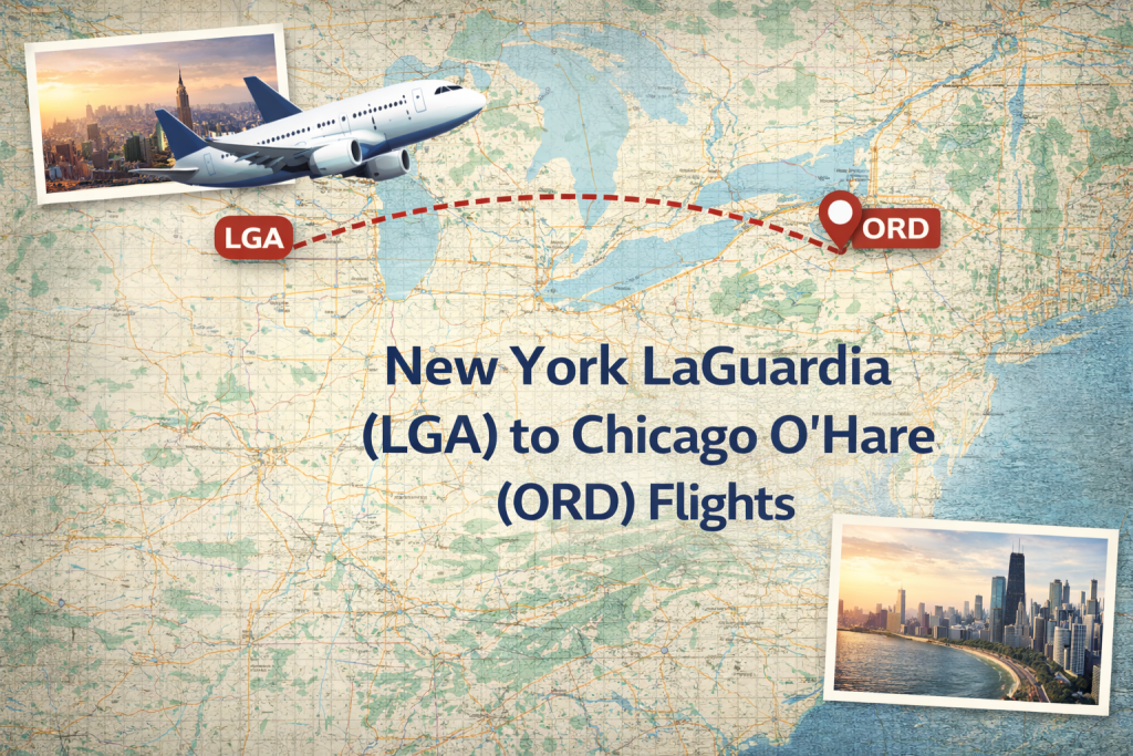 New York LaGuardia to Chicago O’Hare flight route map showing airplane path from LGA to ORD