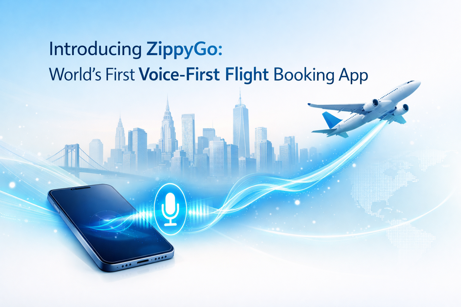 ZippyGo voice-first flight booking app illustration showing smartphone, voice search icon, and airplane